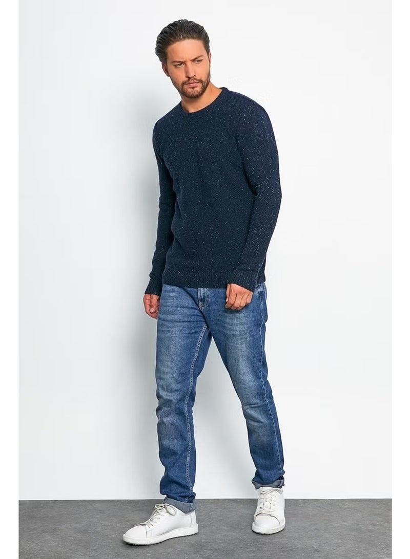 Odelon Men's Standard Fit Crew Neck Wool Knitwear Sweater Navy Blue - Image 2